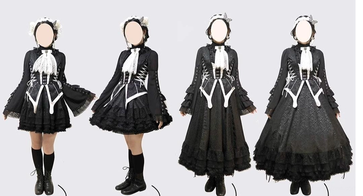 Jacquard fabric pattern detail of gothic lolita ensemble showing raised pattern work, textured surface, sophisticated motif design, and refined material quality in construction
