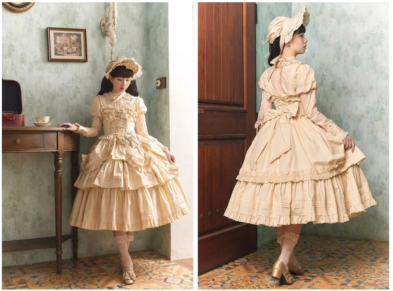 Accessory coordination guide image showing how to style detachable bows, bags, and belts with Gothic Lolita JSK