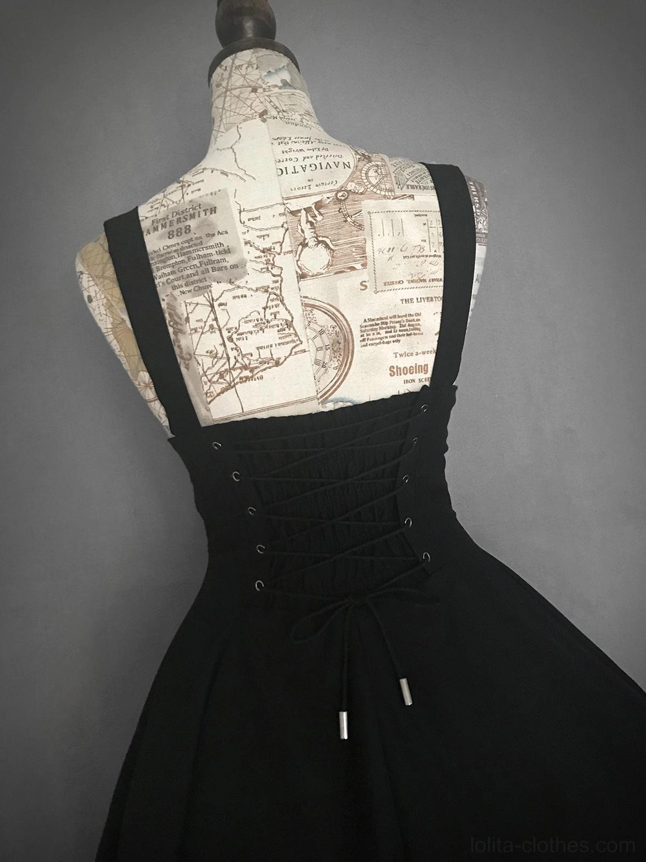 Gothic Lolita JSK jumper skirt back view lace-up corset back closure drawstring details wide suspender straps