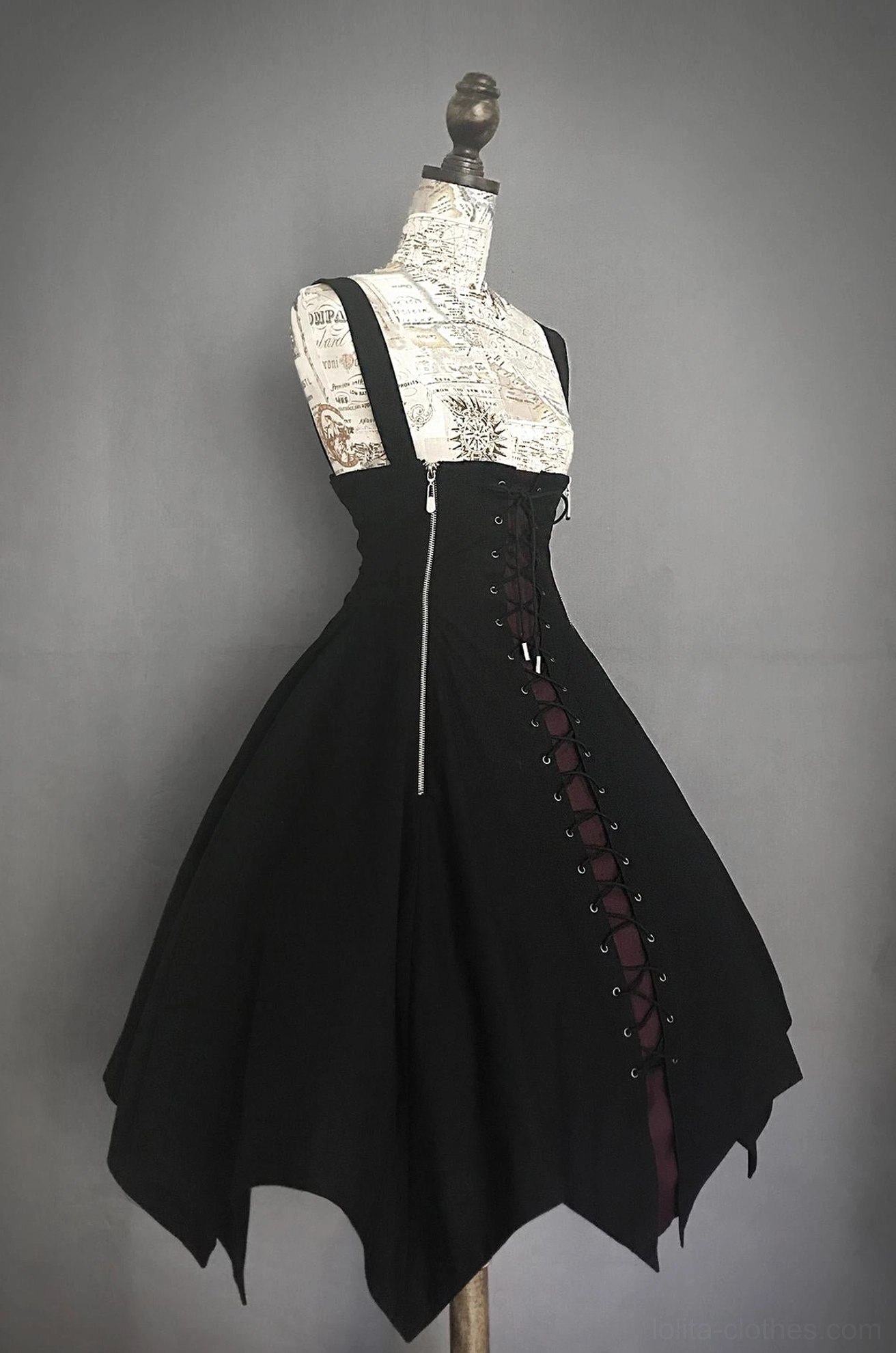 Gothic Lolita JSK jumper skirt left side view irregular pointed hem side zipper dark red lace-up detailing