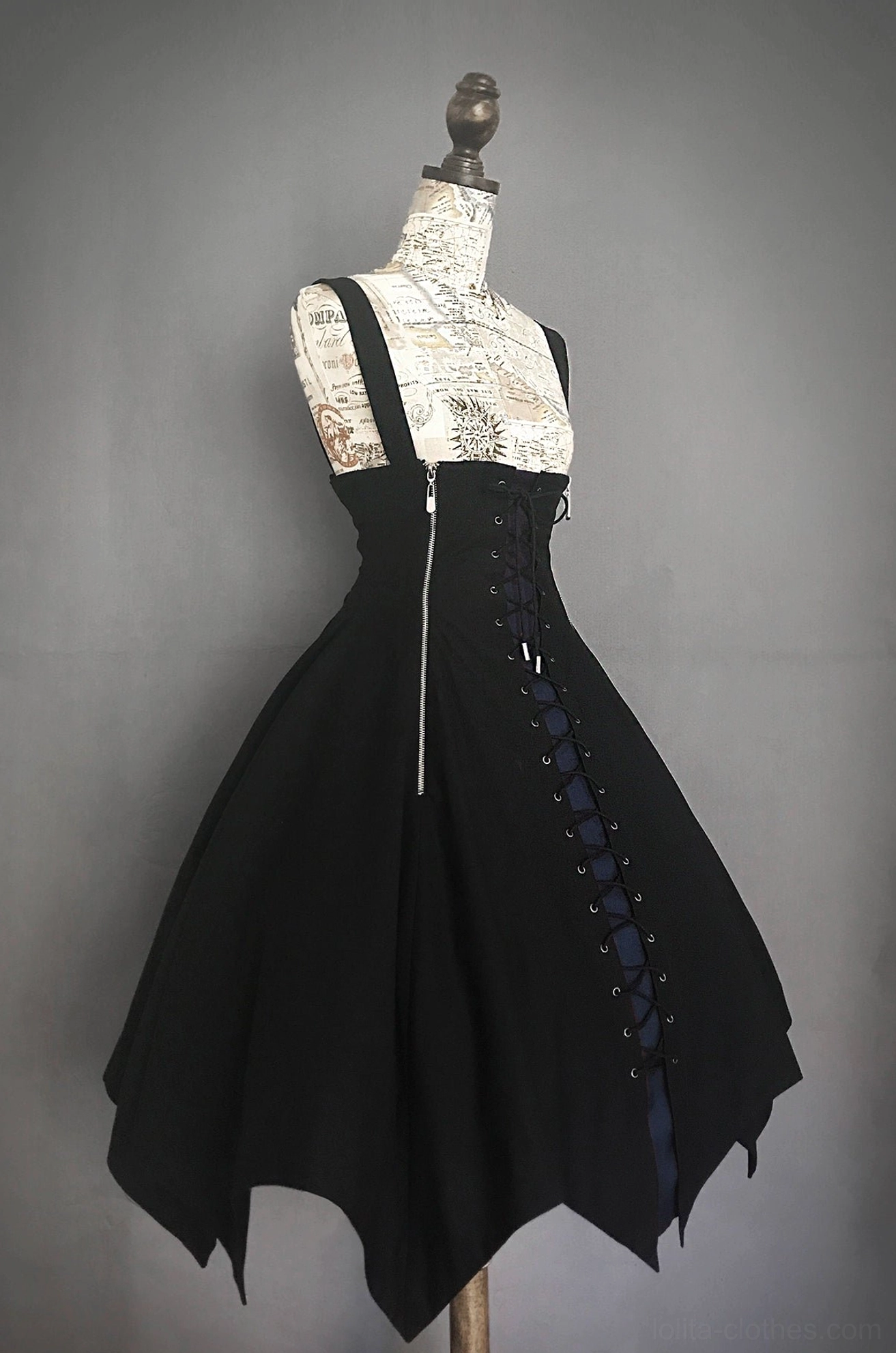 Gothic Lolita JSK jumper skirt right side view irregular pointed hem dark blue lace-up trim side zipper detail