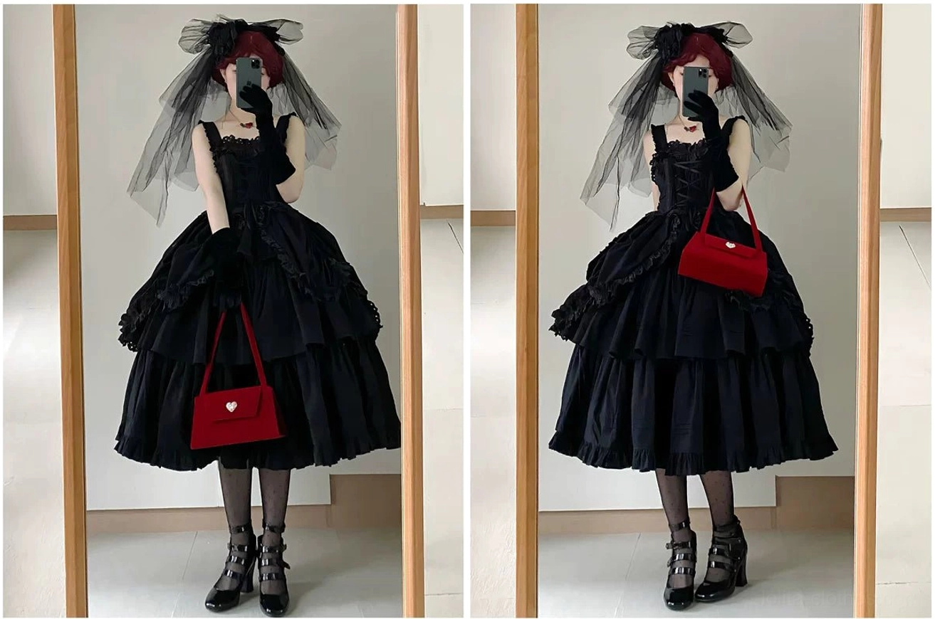 Before and after styling transformation showing how Gothic Lolita JSK creates complete coordinate outfit