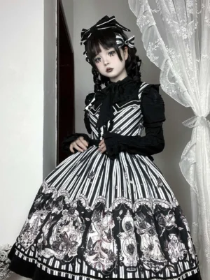 Gothic Lolita JSK jumper skirt dress with black white striped bodice and printed skirt vintage tarot pattern inner long sleeve shirt