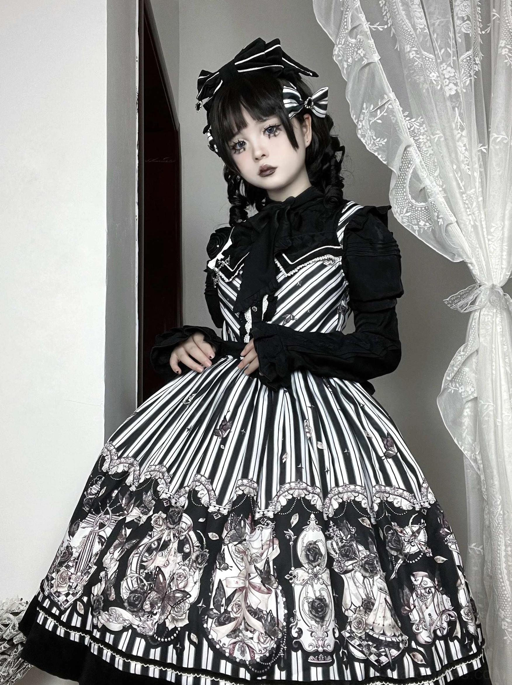 Gothic Lolita JSK jumper skirt dress with black white striped bodice and printed skirt vintage tarot pattern inner long sleeve shirt