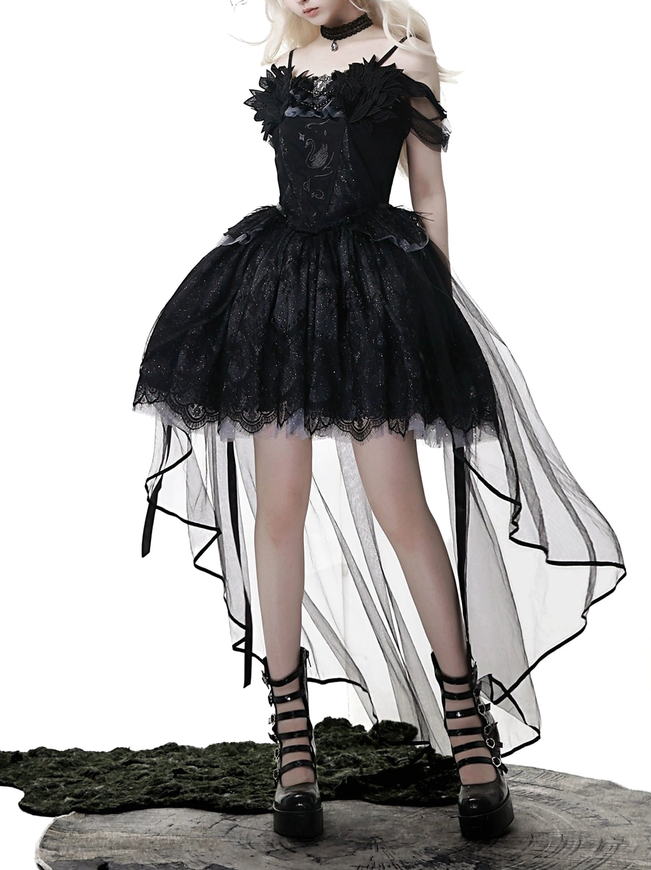 Black gothic lolita JSK dress bodice and waist detail highlighting fishbone support structure, swan embroidery placement, and chain accent embellishments