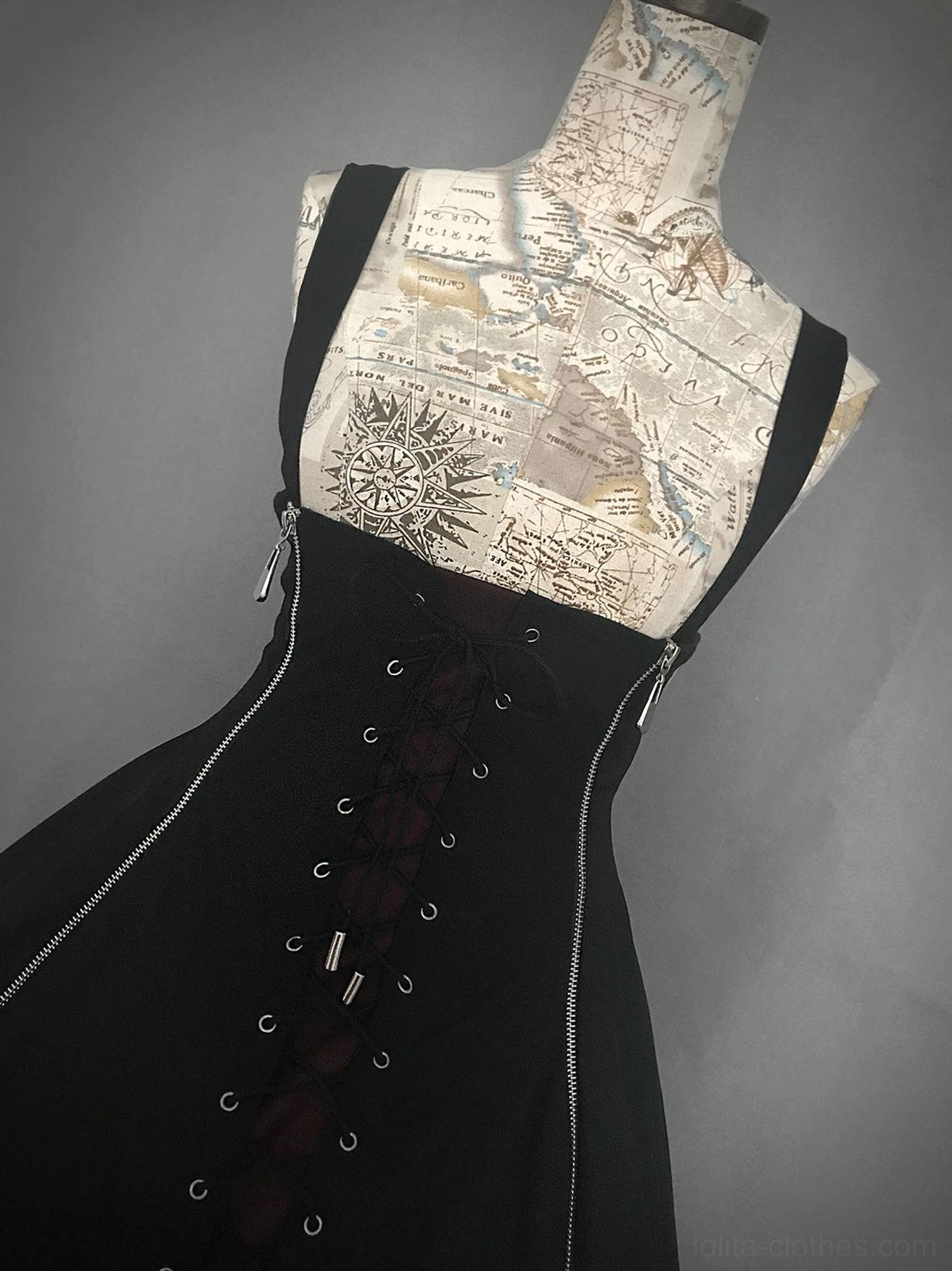 Gothic Lolita JSK jumper skirt bodice front lace-up corset silver hardware dark red lace trim side zipper close-up