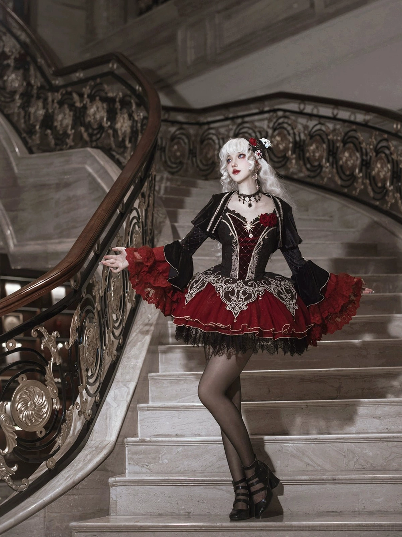 Gothic lolita JSK with bolero coat right side view flounced trumpet sleeves black lace trim hem