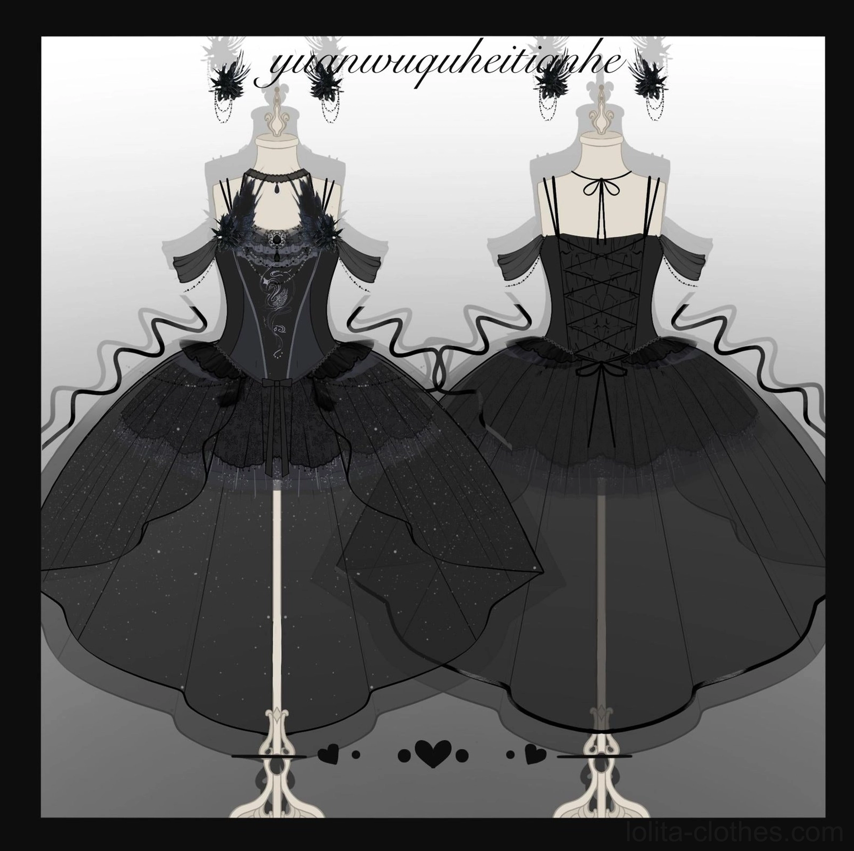 Black gothic lolita JSK dress care and maintenance guide illustration showing proper hand washing, drying, and storage methods for tulle preservation