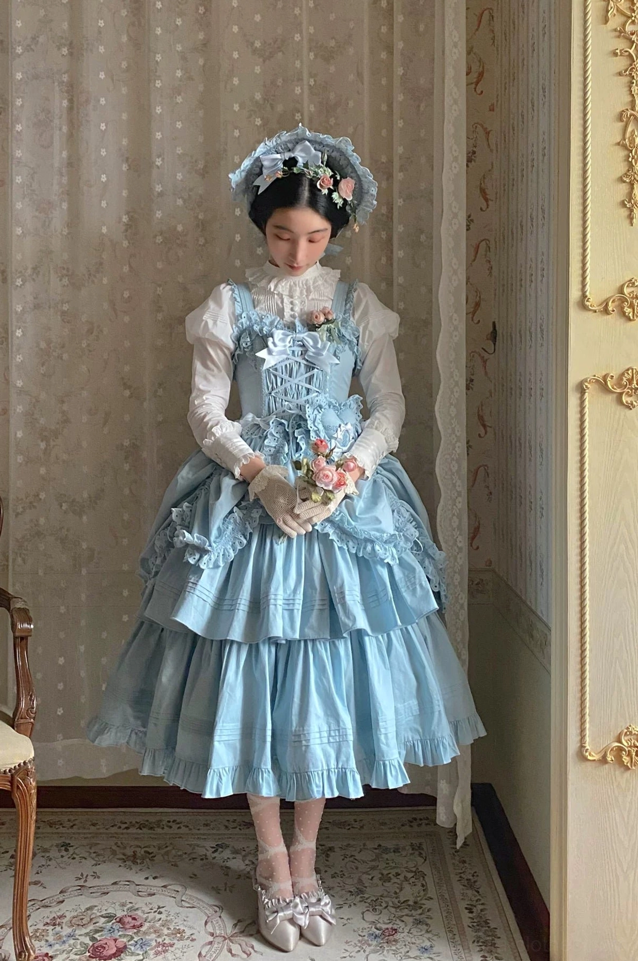Photography showcase featuring multiple color options of Gothic Lolita JSK side-by-side for color comparison