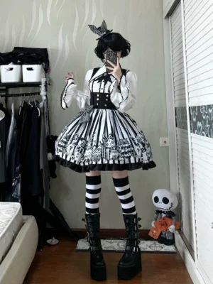 Front full-body mirror selfie of complete Gothic Lolita coordinate with bust-supporting JSK, grey-black striped puff-sleeve blouse, rabbit ear hair accessory, black platform boots, and striped thigh-high stockings