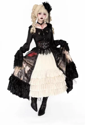 Gothic lolita two-piece dress set front standing view with white background, showing cross-embroidered pointed collar and layered ruffled underskirt design