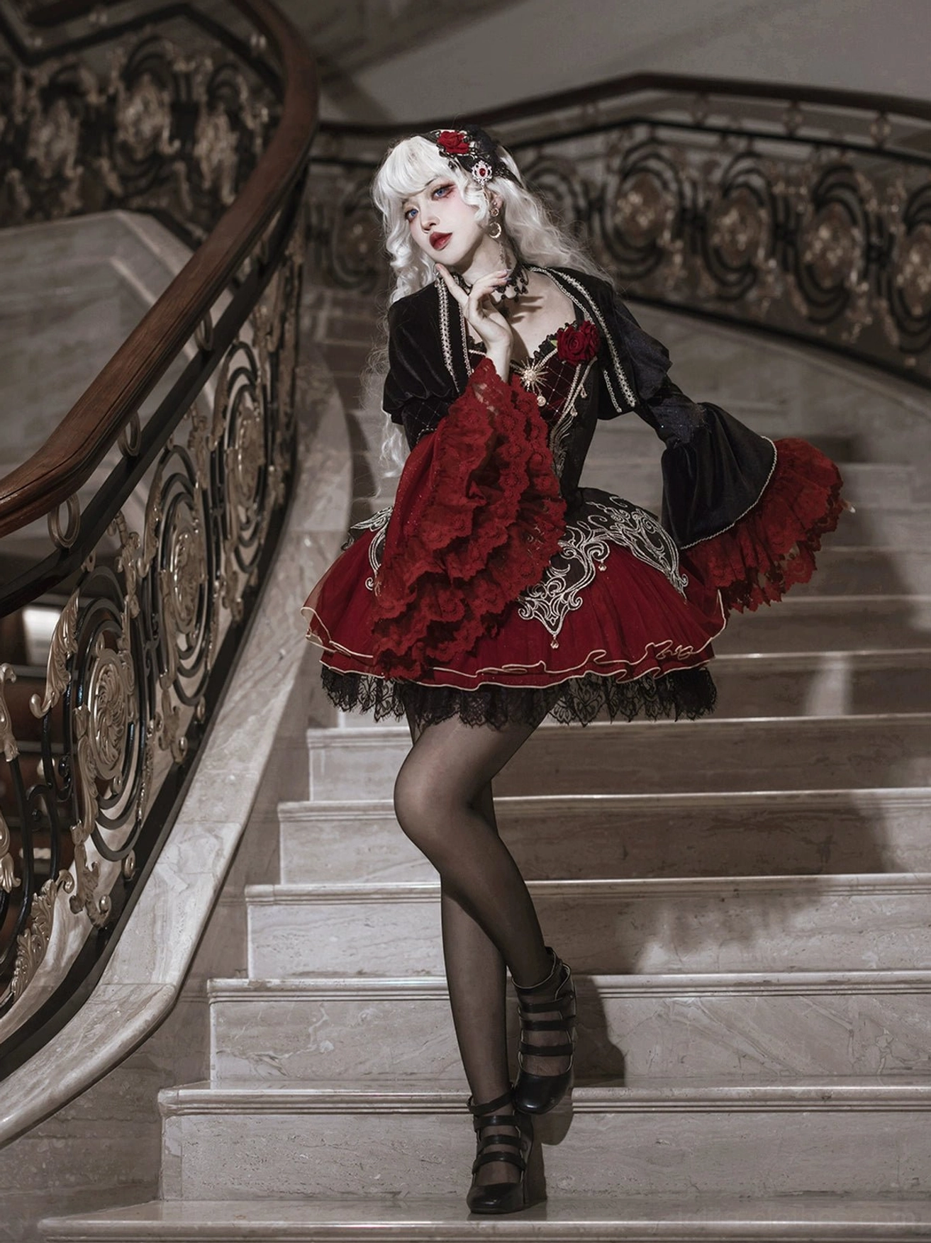 Gothic lolita jumper skirt left side profile with platform boots black tights corset bodice