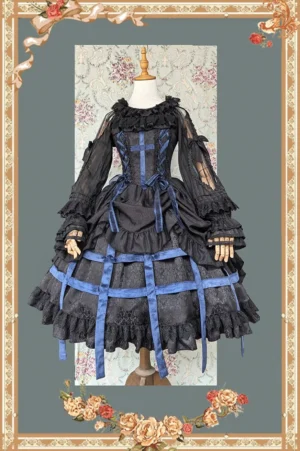 Gothic Lolita JSK dress front full view with long-sleeve white ruffled blouse on mannequin featuring black navy cross embroidery corset bodice navy ribbon grid trim skirt birdcage design
