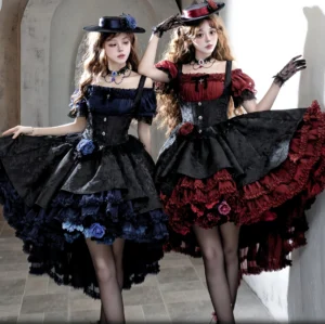 Two Gothic Lolita boned bust-supporting JSK dresses in contrasting colors worn by models in vintage European ballroom setting with off-shoulder puff sleeves and high-low ruffled hemlines