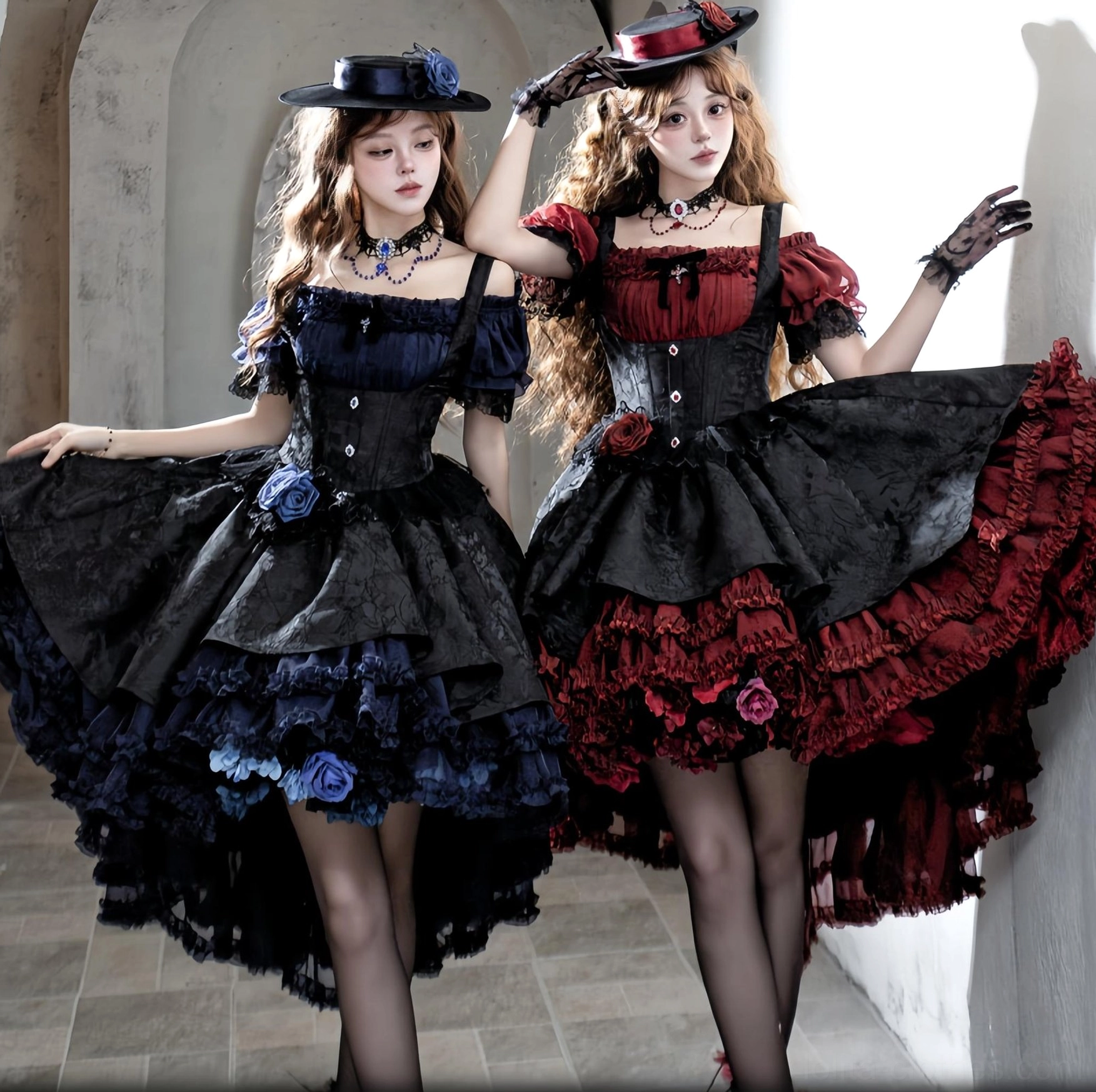 Two Gothic Lolita boned bust-supporting JSK dresses in contrasting colors worn by models in vintage European ballroom setting with off-shoulder puff sleeves and high-low ruffled hemlines