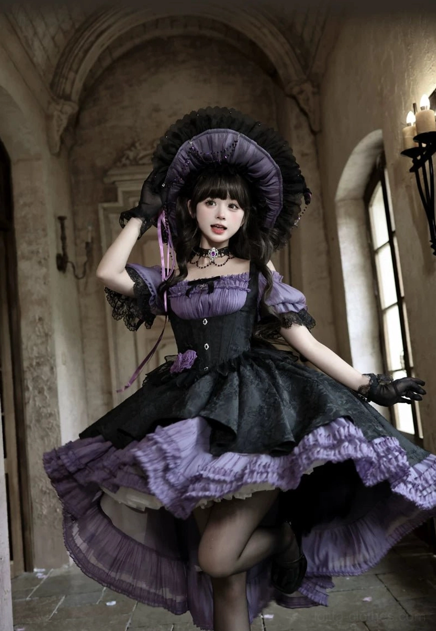 Gothic Lolita boned JSK dress color variants comparison showing contrasting hemlines and coordinated off-shoulder inner top options