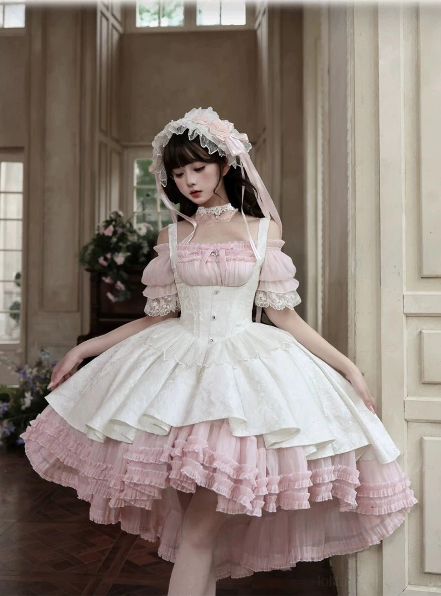 Pink-white elegant classic Lolita JSK dress with off-shoulder pink puff sleeves, fitted corset bodice, tiered high-low ruffled skirt and bridal veil headpiece