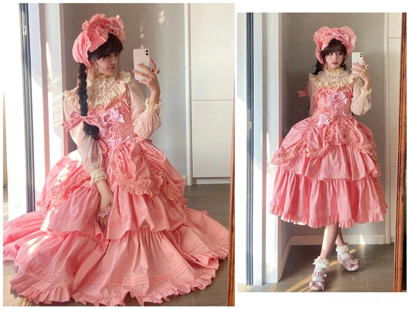 Flat-lay product photography of Gothic Lolita JSK showing full garment dimensions, color options, and removable accessories arrangement