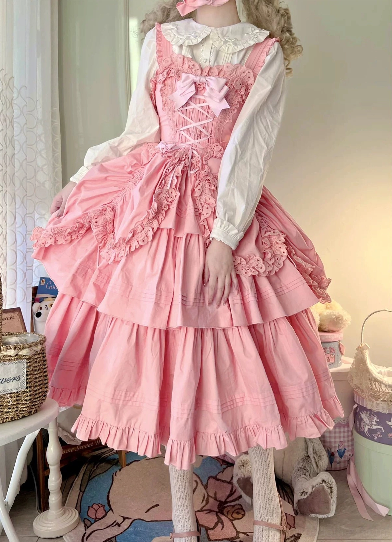 Detail shot of Gothic Lolita JSK layered ruffles showing fabric drape, tiering precision, and dimensional ruffle arrangement