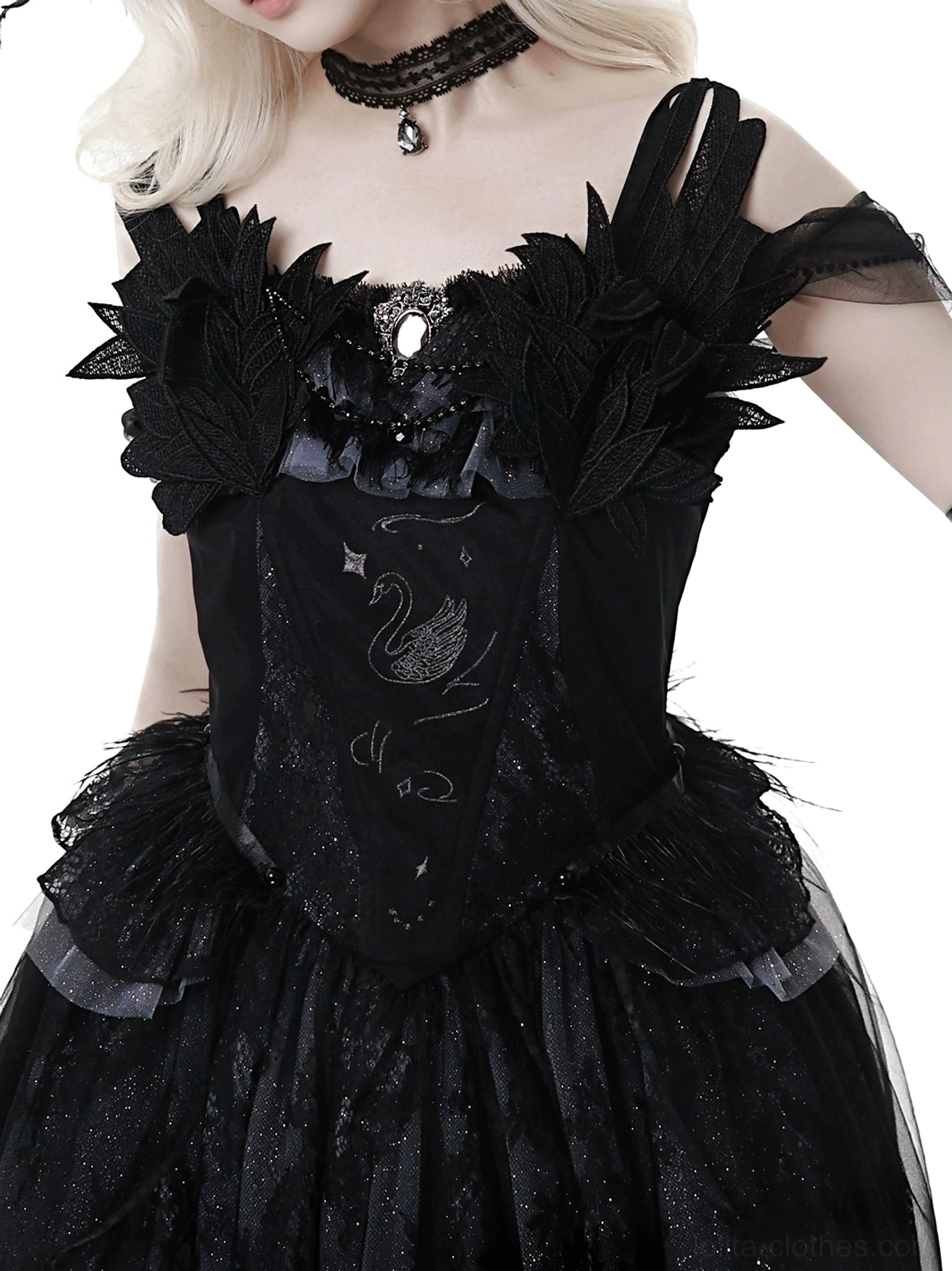 Black gothic lolita JSK dress material composition detail highlighting 20D nylon Swiss tulle, 100D four-way stretch lining, and premium construction quality