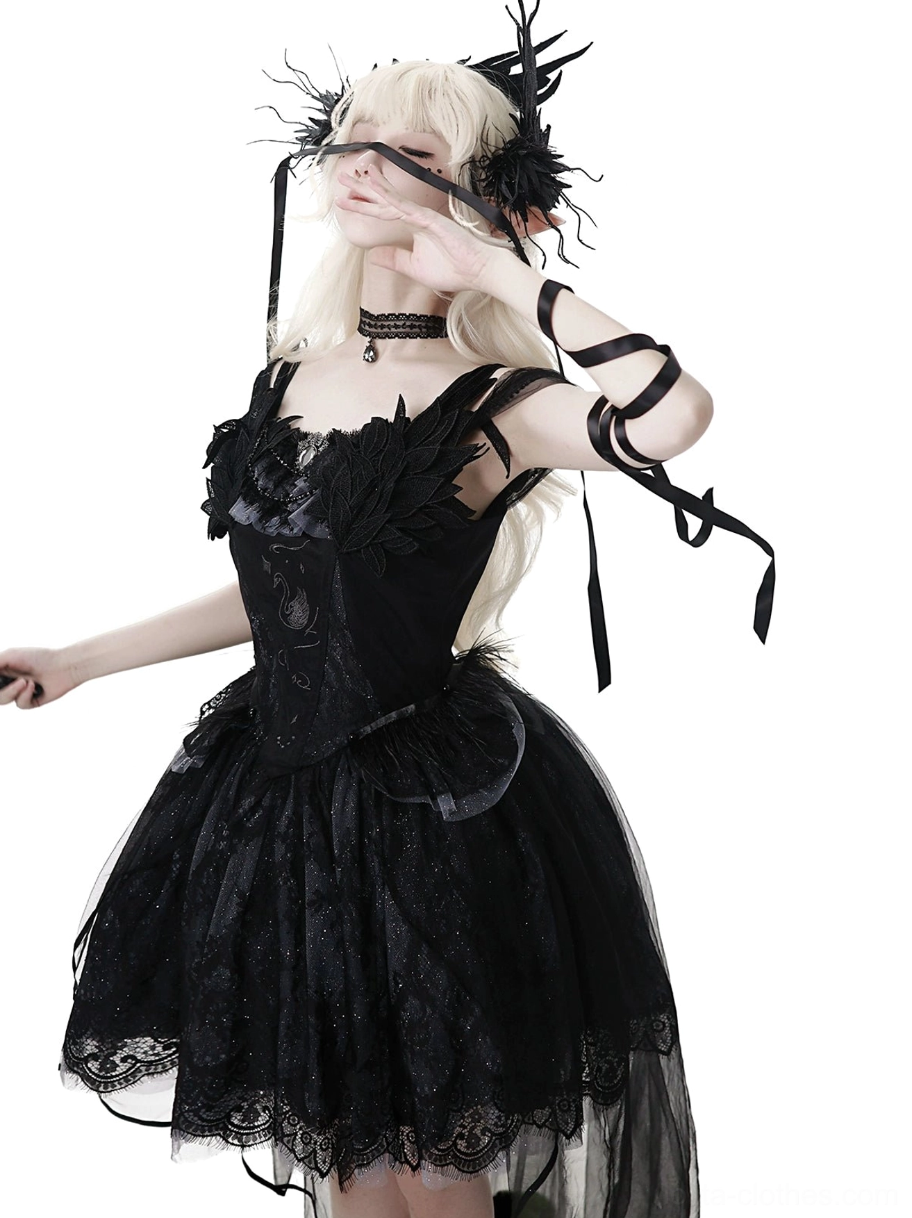 Black gothic lolita JSK dress neck choker accessory detail showing length and design that coordinates with complete lolita ensemble