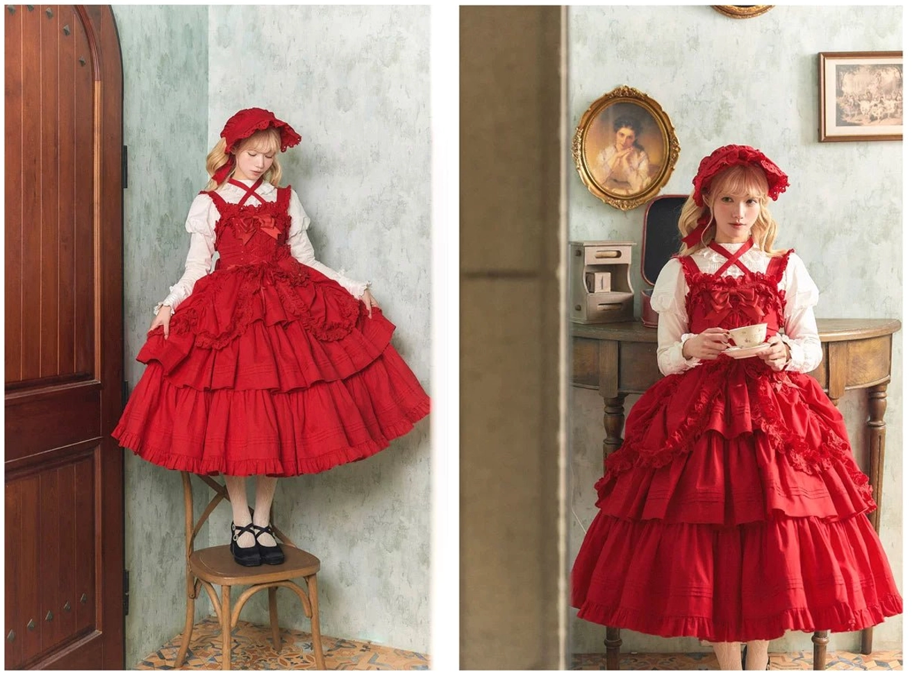 Detail shot showing Gothic Lolita JSK side pocket placement and construction on the layered ruffle skirt