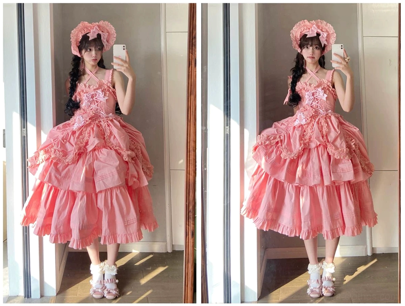 Size comparison flat-lay showing Gothic Lolita JSK in all three sizes (S, M, L) demonstrating fit and silhouette differences