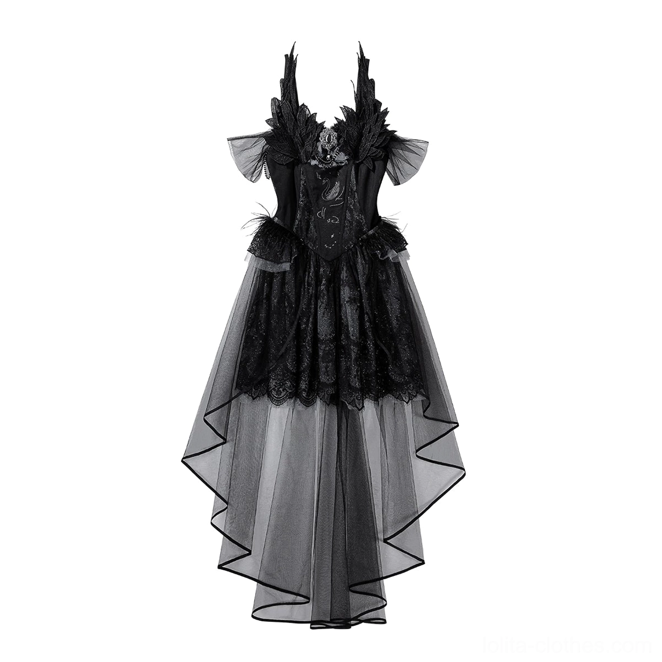 Black gothic lolita JSK dress detail of tulle train layers and high-low hem construction showing professional tailoring and precise hem finishing