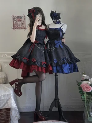 Gothic Lolita Jumper Skirt with twin rose accents and star brooch in black fabric with dual color options displayed on dress form and model