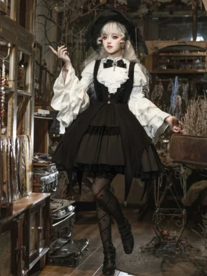 Gothic Lolita black witch JSK dress with white blouse full-body front three-quarter view on silver-haired model in vintage antique shop setting