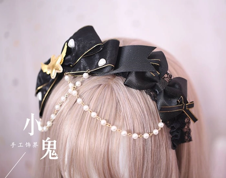 gothic lolita kc headband front close-up blonde mannequin black satin bow pearl chain golden star brooch lace