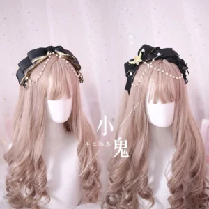 gothic lolita kc headband front view matching bow hairclip black gold pearl forehead chain tiny star decorations