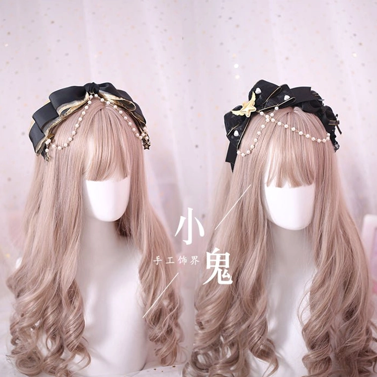 gothic lolita kc headband front view matching bow hairclip black gold pearl forehead chain tiny star decorations