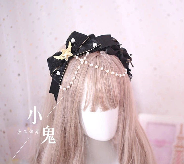 gothic lolita kc headband front medium shot blonde mannequin black bow gold trim elegant pearl forehead chain