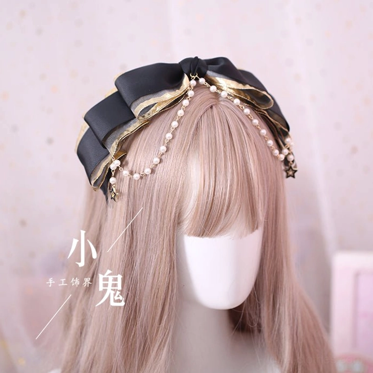 gothic lolita kc headband front close-up blonde mannequin wide black bows double gold trim pearl chain