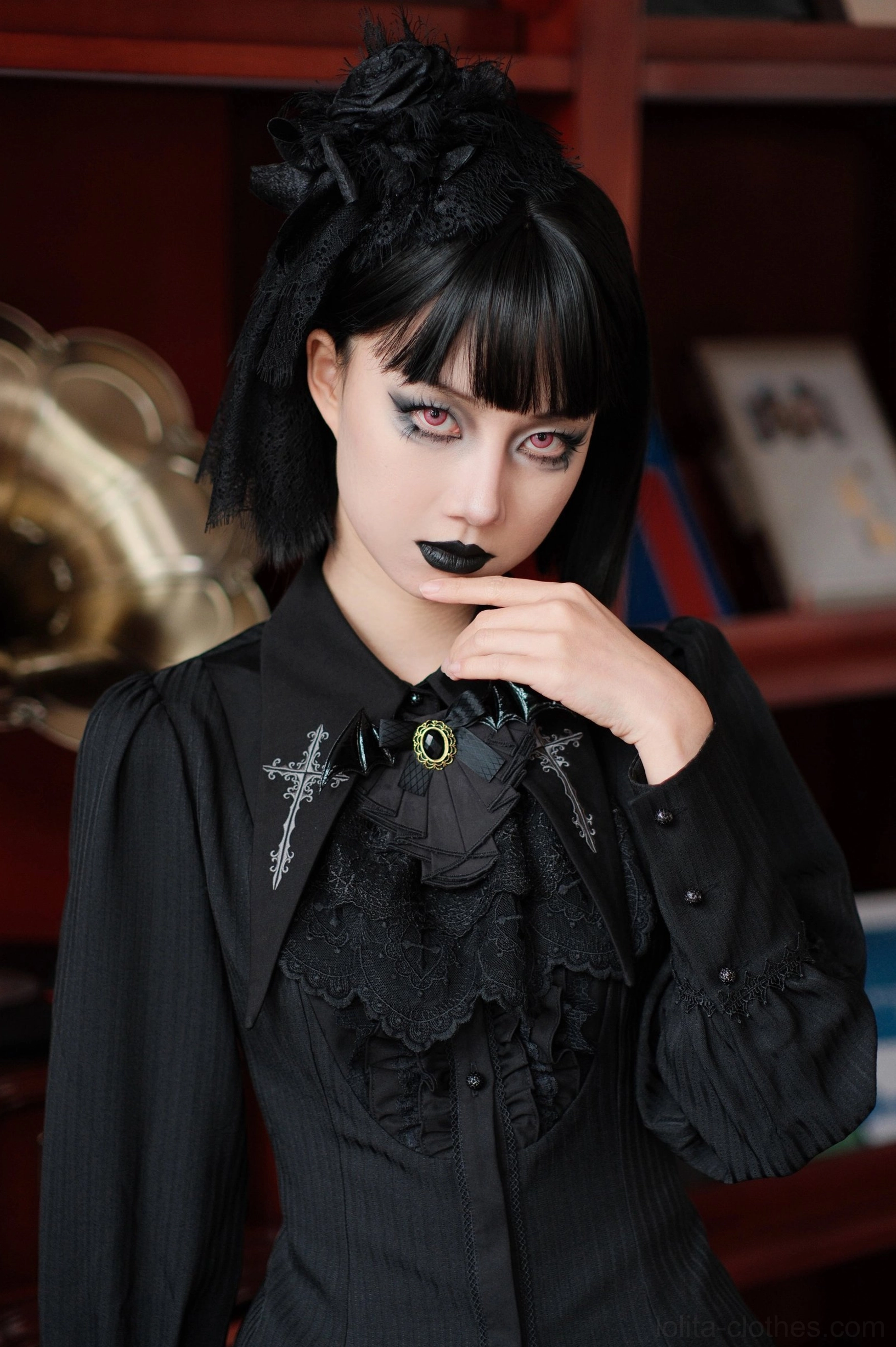 Adjustable Gothic Lolita layered lace neck bib shown as a statement accessory for dark romantic fashion coordinates