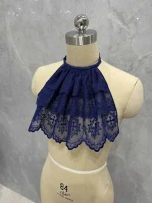 Close-up of deep blue Gothic Lolita lace neck bib showing adjustable halter neckline and cascading ruffled lace layers