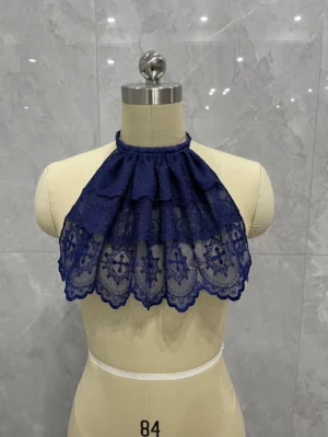 Deep blue Gothic Lolita layered lace neck bib with halter strap, ruffled tiers, cross lace trim, and scalloped hem