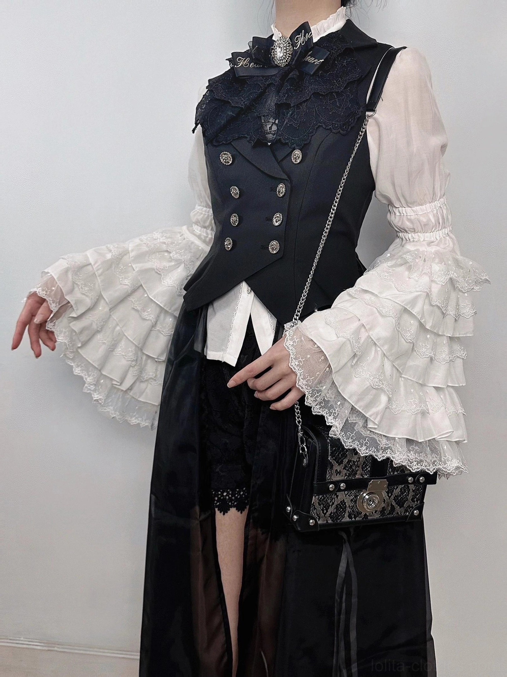 Elegant Gothic Lolita lace neck bib accessory with adjustable halter fit and cascading lace ruffle layers