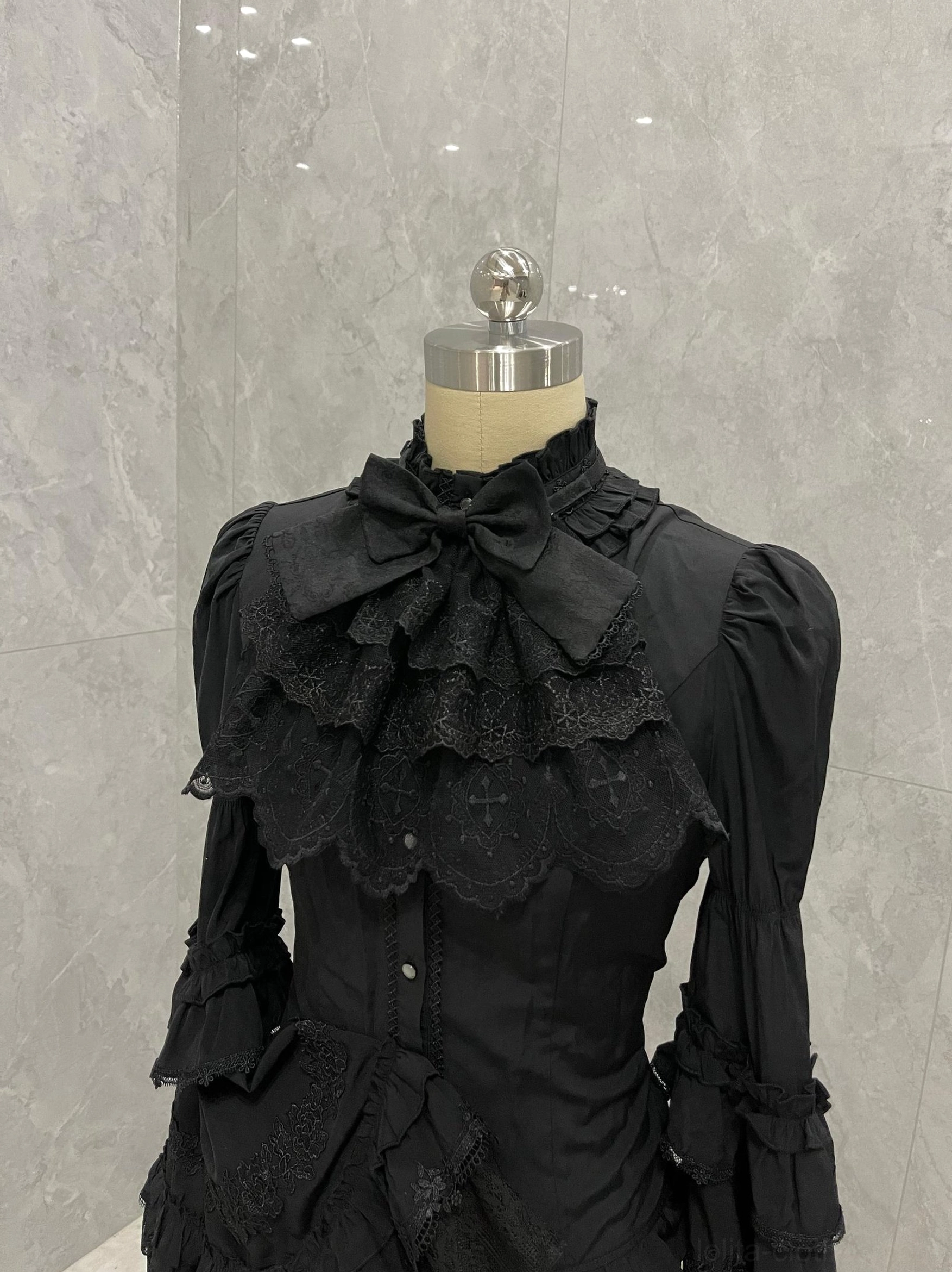 Elegant layered lace neck bib for Gothic Lolita styling with ruffled texture and a dramatic romantic neckline