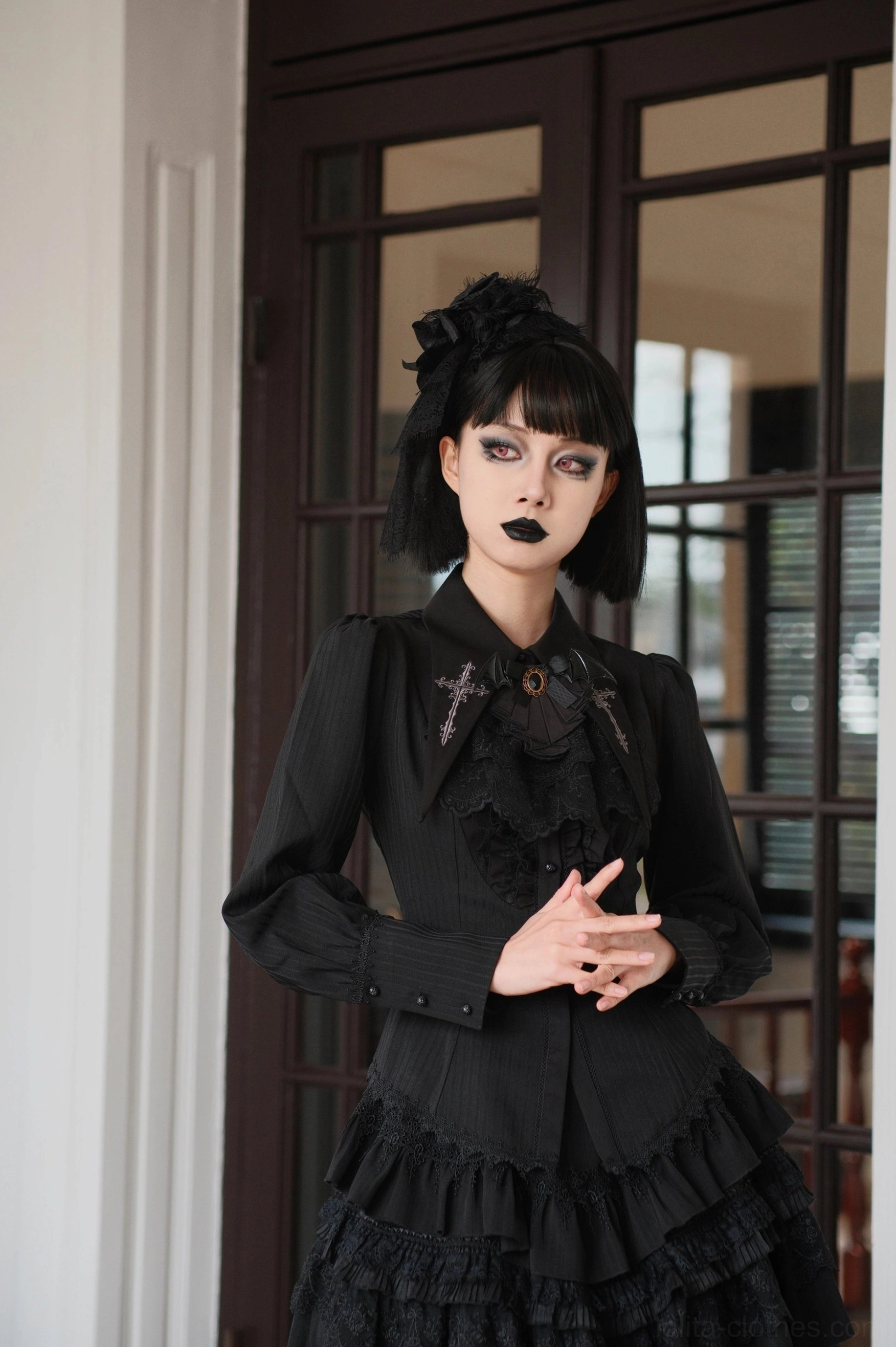 Tiered lace Gothic Lolita neck bib with halter strap for black, burgundy, white, and deep blue outfit styling