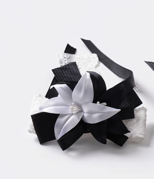 Black satin lily flower gothic lolita brooch accessory with white satin lily lace base hair hand decoration clip