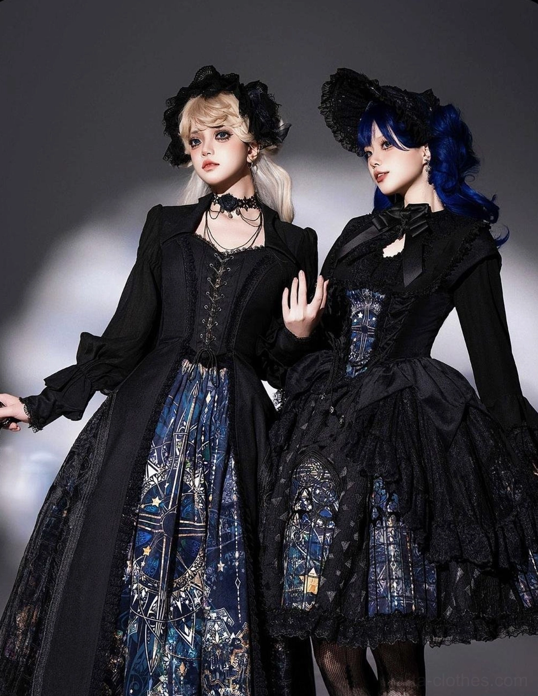 Gothic lolita long coat dress set matching outfits black tailored coat full cathedral print skirt lace choker accessories two models dark studio backdrop
