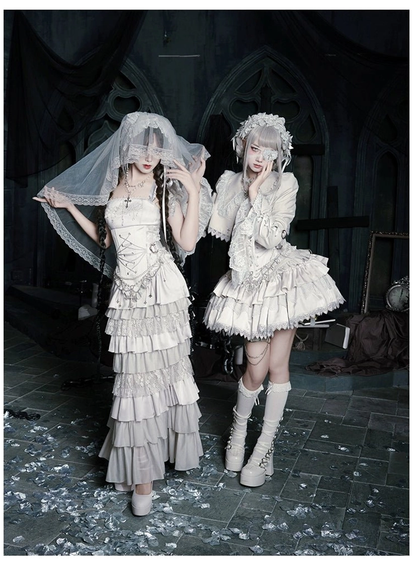 Gothic lolita long SK five-piece set component breakdown all included pieces bustier expandable skirt veil headband chain necklace