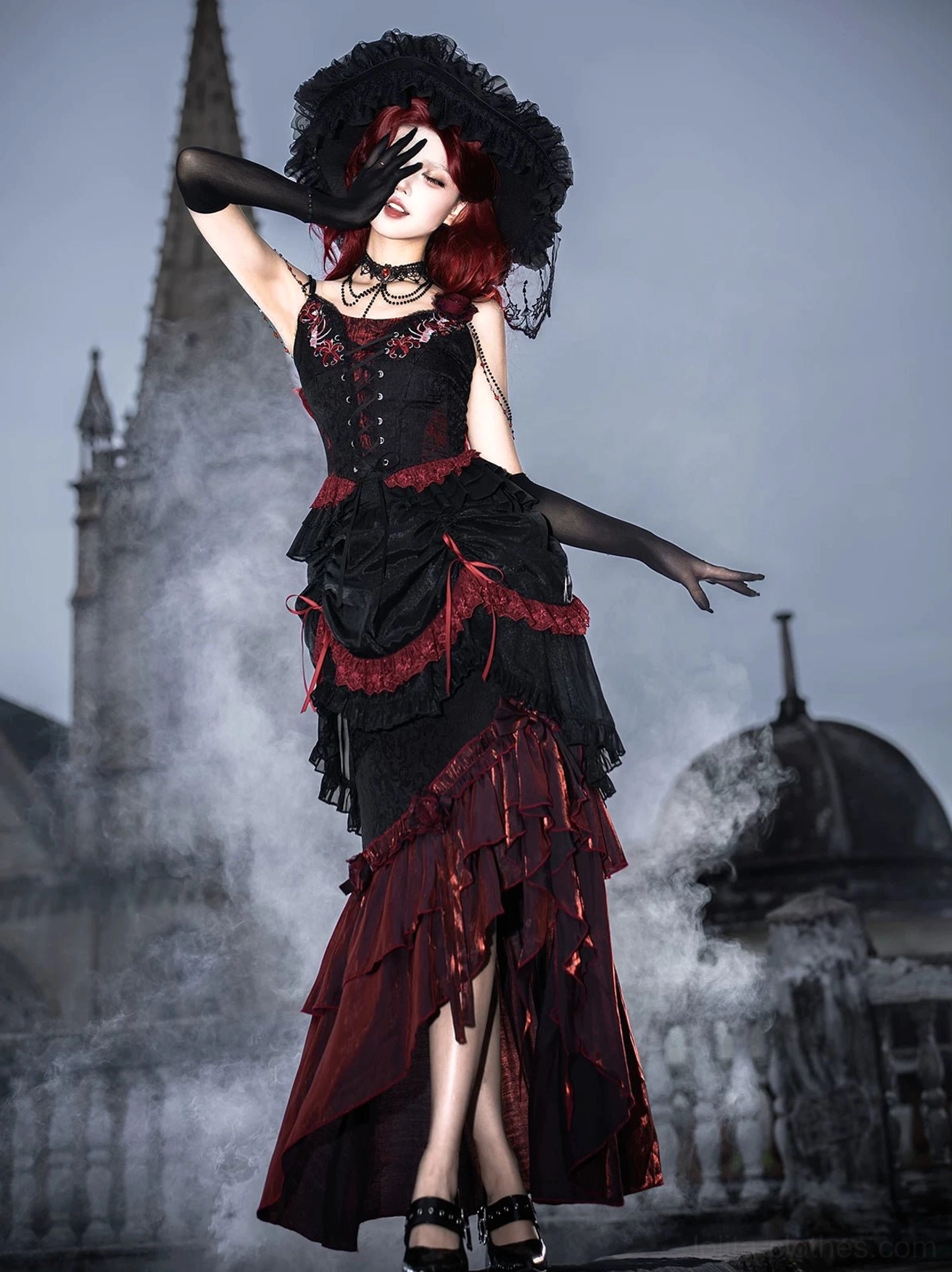 Gothic lolita long skirt asymmetrical split irregular hem design black jacquard crinkle chiffon edge