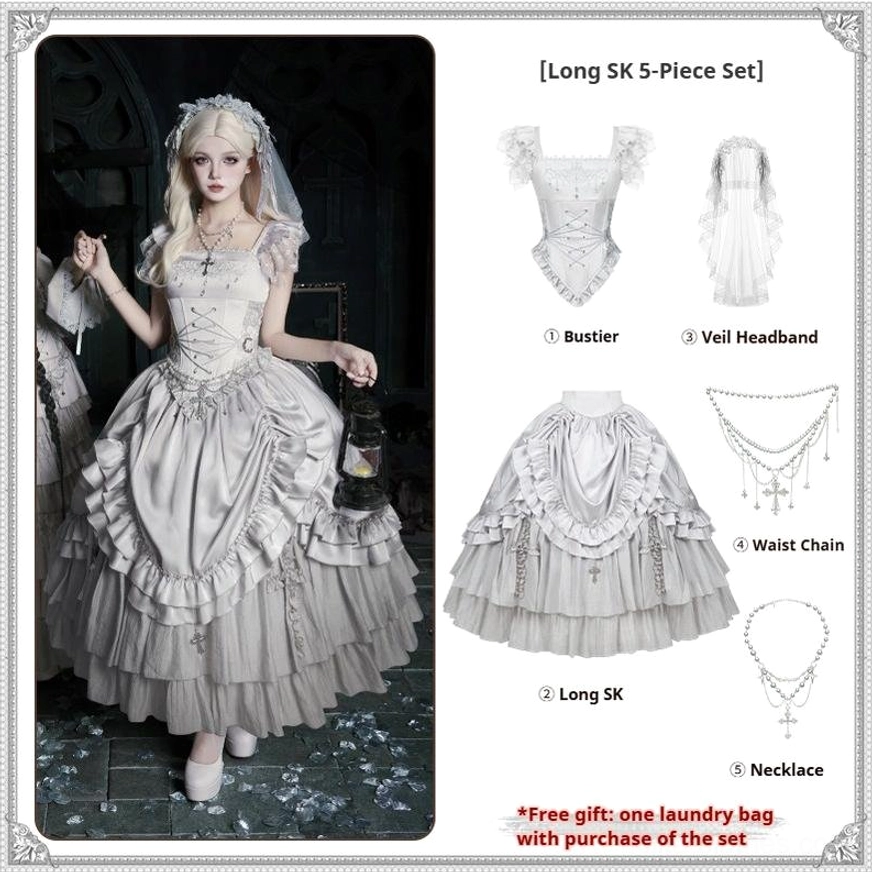 Long SK five-piece gothic lolita set single model voluminous ruffled ballgown silhouette bustier veil headband waist chain necklace