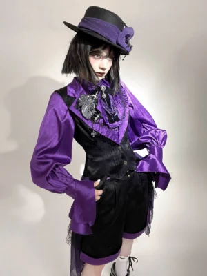 Gothic Lolita long vest black waistcoat with embroidered collar front full-body model shot