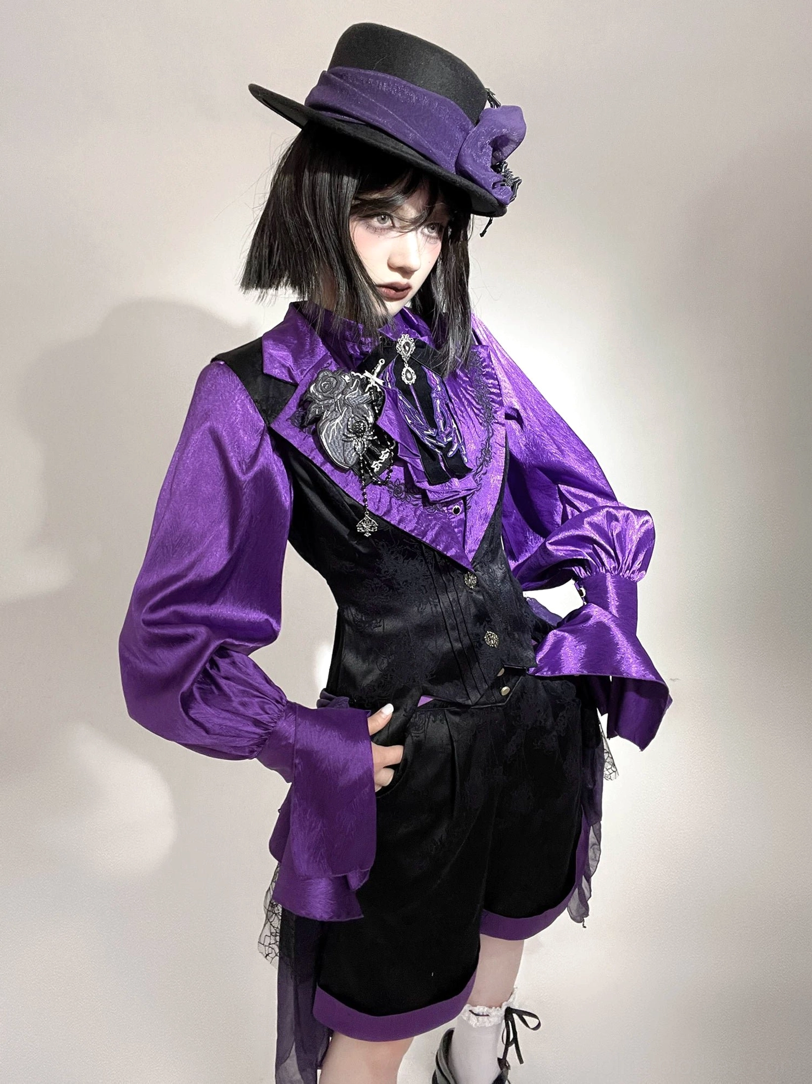 Gothic Lolita long vest black waistcoat with embroidered collar front full-body model shot