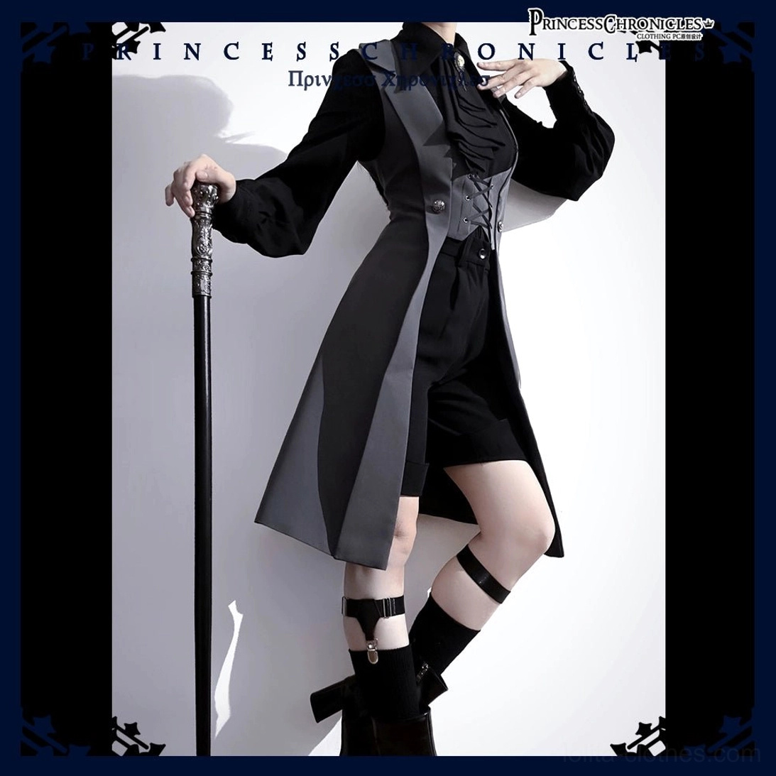 Tailored Gothic Lolita long waistcoat front three-quarter view with gothic decorative border corset front detail lifted leg pose