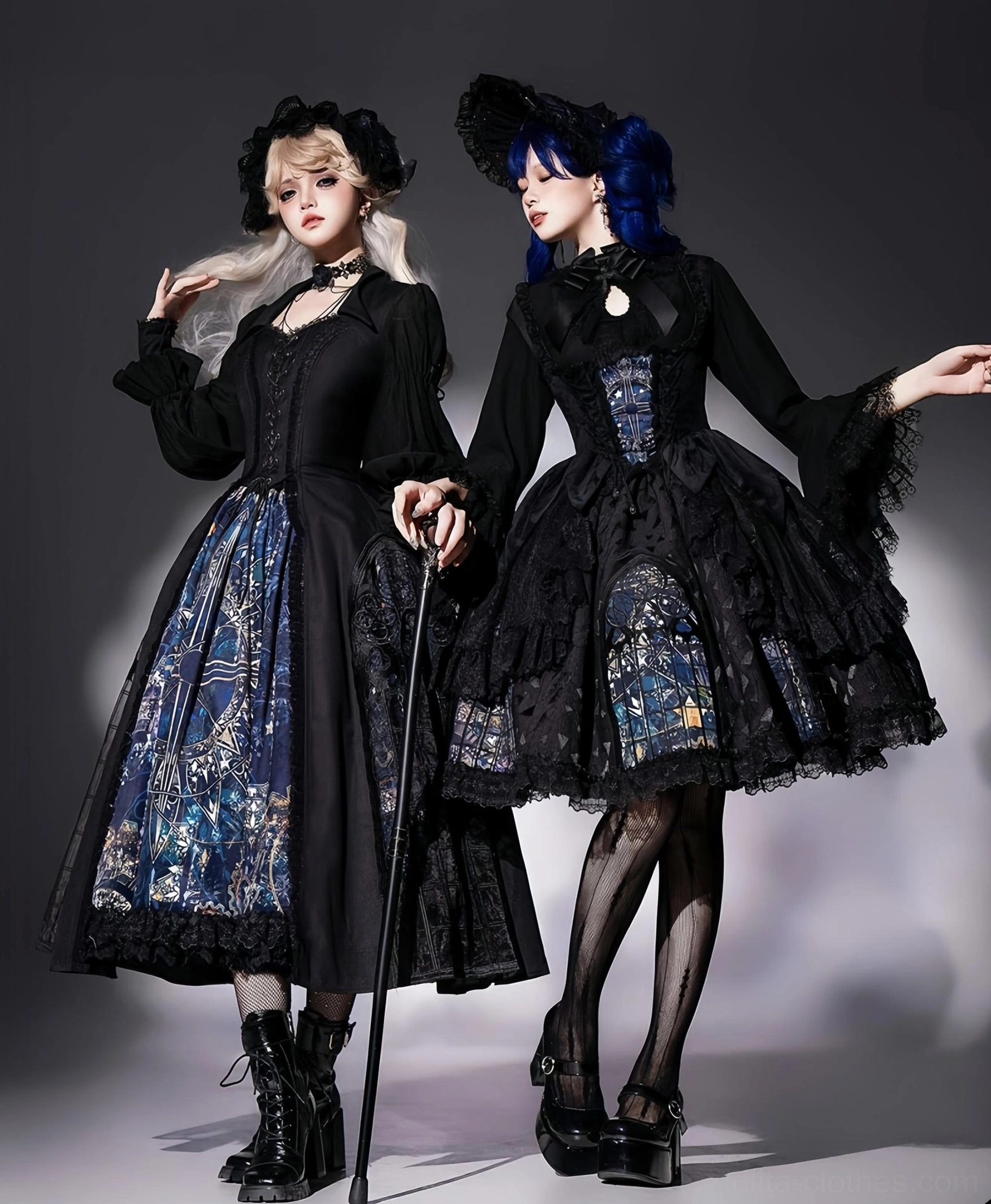 Gothic lolita dress and coat matching sets black tonal outfits cathedral stained glass skirt prints platform boots two models dark studio background
